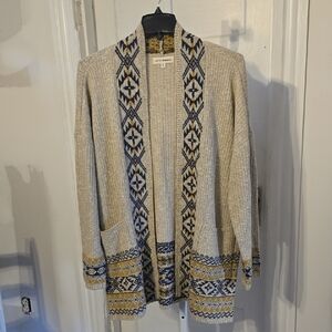Lucky Brand Beige Cardigan with Navy & Mustard Fair Isle Trim